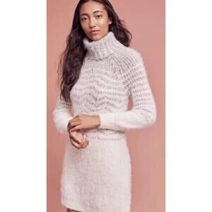 Anthropologie Sleeping On Snow Eyelash Sweater Dress Cream Turtleneck Mini Sz S
